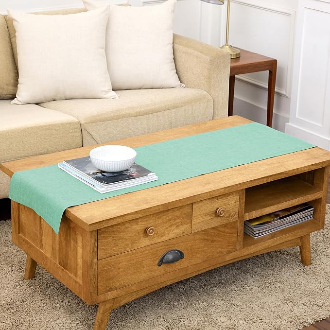 Solino Home Linen Table Runner 60 Inches - 100% Pure Linen Chambray Aqua Table Runner 14 x 60 Inch Ideal for Dresser and Coffee Tables - Athena, Summer