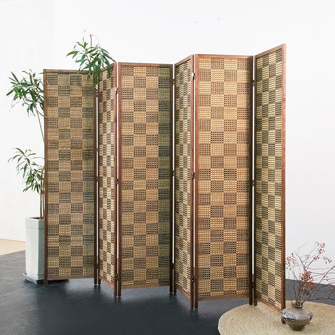 Furnnylane 6 Panel Bamboo Room Divider – 5.6 ft Tall Double-Sided Folding Privacy Screen, Freestanding Wall Partition for Home Office & Bedroom, Caramel Woven Texture, Easy Setup (67" H x 94.5" W)