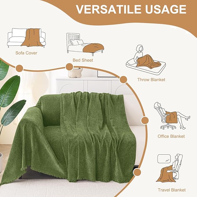 Smiry Couch Cover for Dogs, Washable Chenille Sofa Covers for 3 Cushion Couch, Soft Sofa Slipcover for Pets, Thick Sectional Furniture Protector with Tassels (Green, 71x91 Inch)