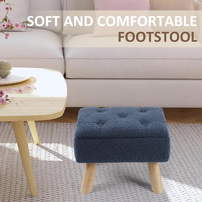 OGEMXU Storage Ottoman, Small Foot Stool Ottoman with Storage, Boucle Teddy Velvet Foot Rest with Padded Seat, Sturdy Wood Legs Stool for Living Room, Bedroom, Couch, Enterway (Dark Blue)