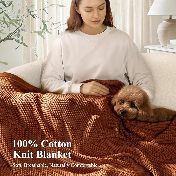 100% Cotton Cable Knit Throw Blanket, Lightweight Soft Knit Blanket for Sofa Couch Bed, Breathable All-Season Throw, Cozy Decorative Blanket, 50 x 60 Inch,Burnt Orange