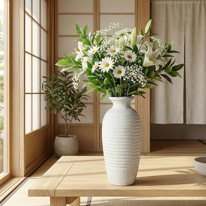 Ceramic Farmhouse Vase, 14.4 Inch Large Handmade Rustic Flower Vase, Waterproof Tall Vase for Pampas Grass & Home Decor, Ideal for Living Room, Shelf, Wedding & Housewarming Gift in Off-White