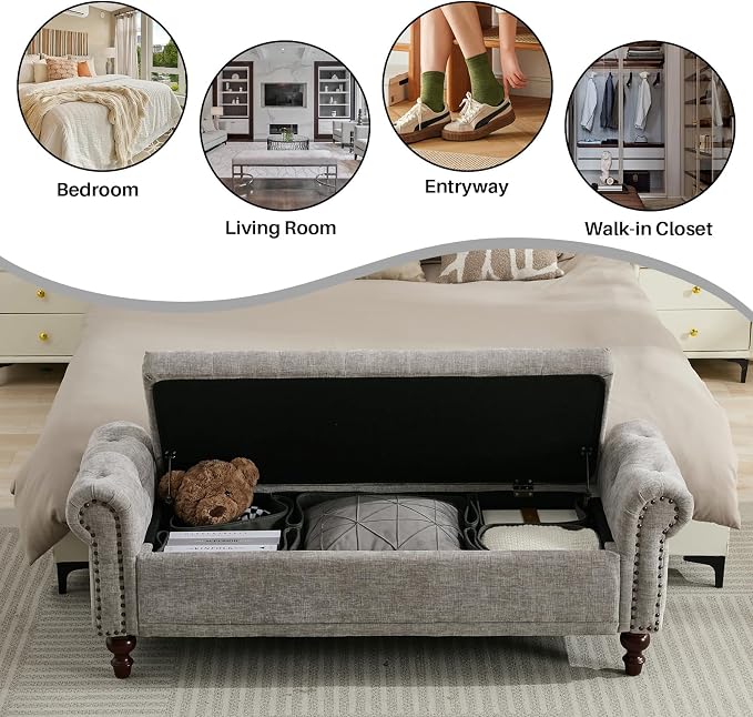 SOFTHION 58.1" Storage Bench Upholstered Chenille End of Bedroom Bed Bench Ottoman with Tufted Cushioned Rolled Arm Large Storage Space for Reading Living Room Entryway, Light Grey