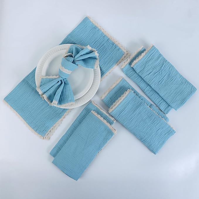FINGERCRAFT Dinner Cloth Napkin Cotton Muslin Double Gauze 4 Pack with Classic Lace for Everyday Use, Wedding, Party, Christmas, Easter Napkins Cloth are Pre Shrunk and Good Absorbency Aqua Marine