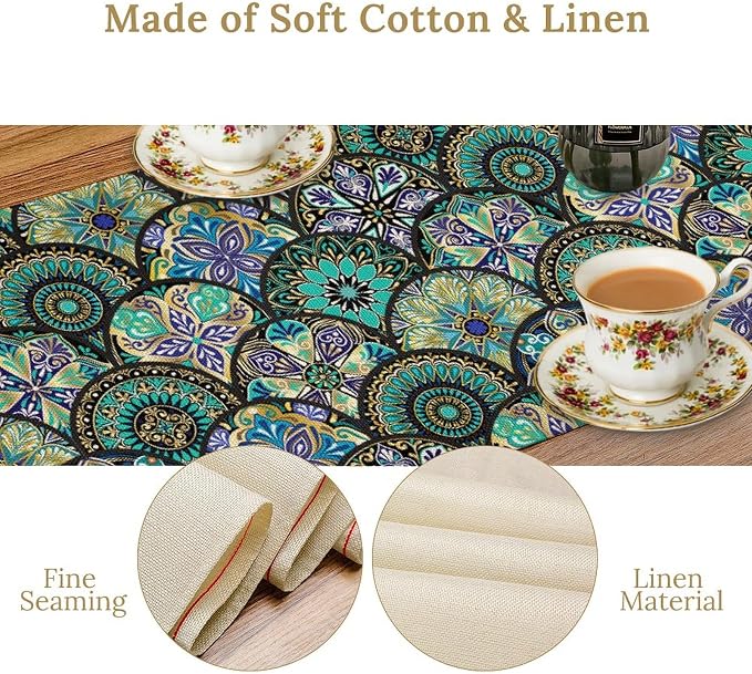 YCness Bohemian Mandala Flower Table Runner Boho Abstract Flowers Art Printed Green Table Runner Home Kitchen Dining Party Holiday Table, 13x36 Inch