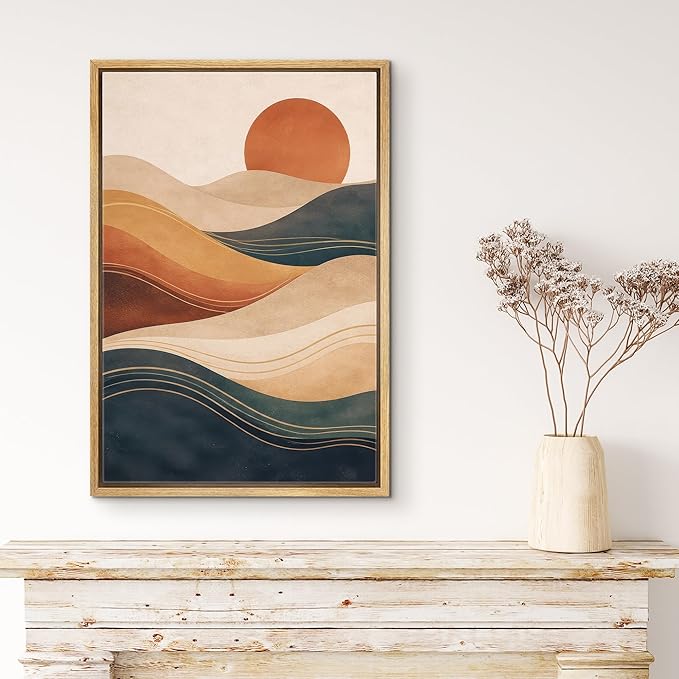 MUDECOR Framed Canvas Print Wall Art Modern Abstract Desert Sun and Flowing Waves Illustrations Minimalism Decorative Bohemian Zen for Living Room, Bedroom, Office - 24"x36" NATURAL