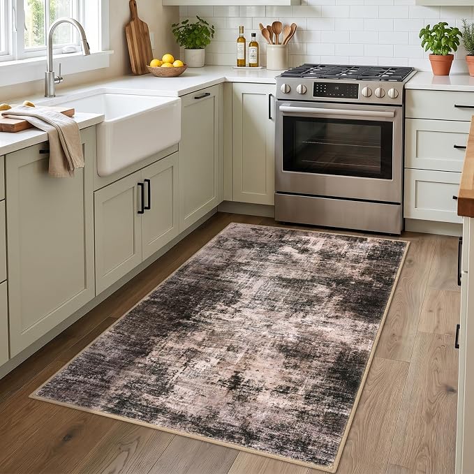 IOHOUZE Abstract Area Rug 3x4 Ft Washable Rugs for Entryway Indoor, Non Slip Kitchen Rug Printed Faux Wool Throw Rugs, Indoor Door Mat for Door Entrance Foyer Living Room, Brown/Rust