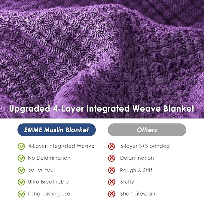 EMME Cotton Muslin Queen Blanket Bed Layering Breathable Gauze Blanket Soft Lightweight Blankets Adults (Purple, 90"x90")
