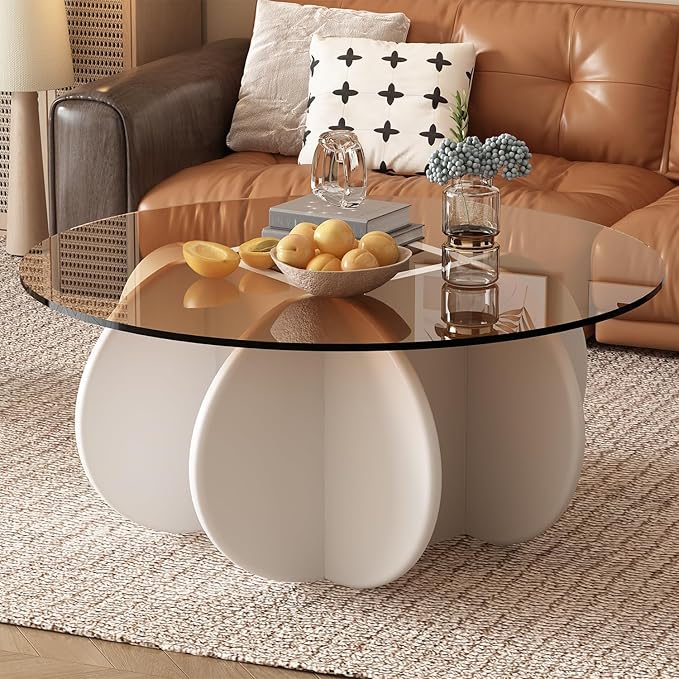 Glass Coffee Table, Mid Century Modern Design, 31.5'' Modern Round Tempered Glass Coffee Tables for Living Room, Cocktail Table for Small Space Home Office. (White + Brown)