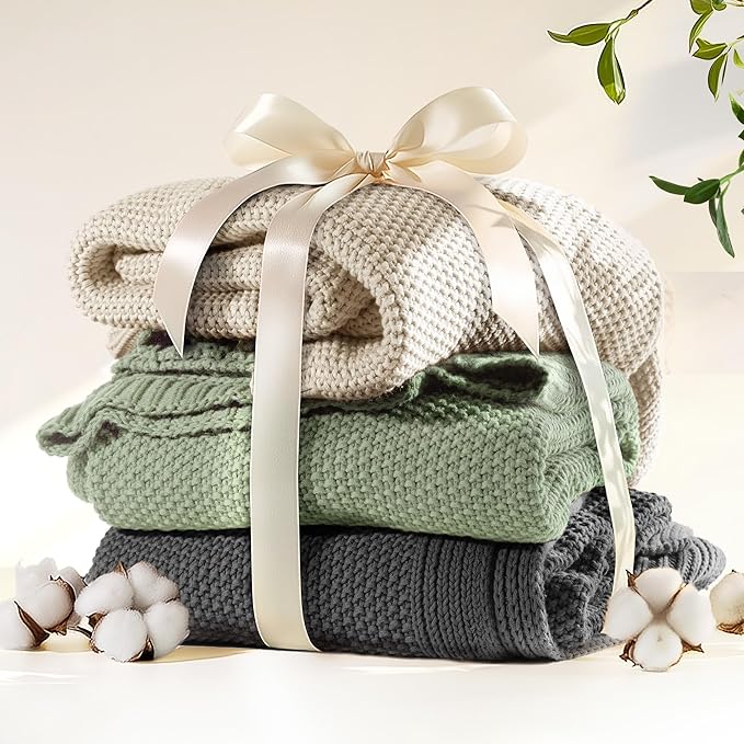 100% Cotton Cable Knit Throw Blanket, Lightweight Soft Knit Blanket for Sofa Couch Bed, Breathable All-Season Throw, Cozy Decorative Blanket, 50 x 60 Inch,Linen
