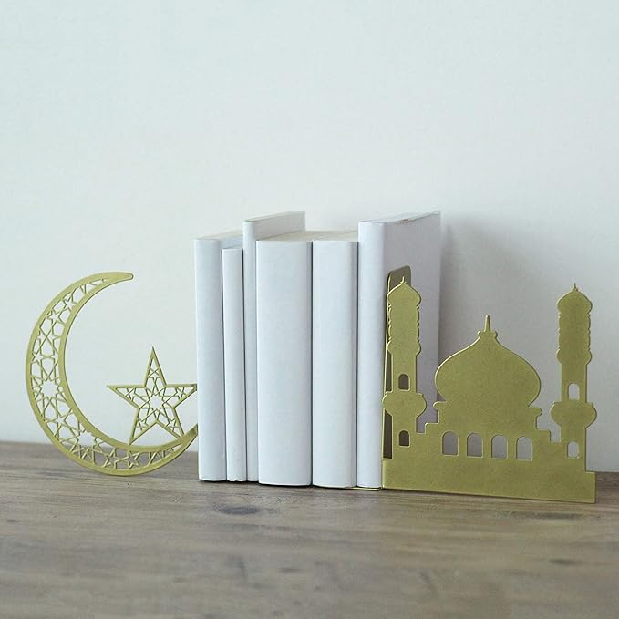 IWA Concept | Crescent and Masjid Islamic Metal Bookend | Home Decor or Islamic Decor for Table or Shelves | Home Decorations for Ramadan Gifts | Islamic Gift | (Gold)
