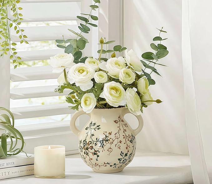 LIFFY Vintage Pastoral Vase with Handles, Retro Ceramic Flower Vase, Green and Beige Rustic Farmhouse Vases Chinoiserie Floral Large Vase for Home Decor, Living Room, Kitchen, Bedroom 6.3 Inch
