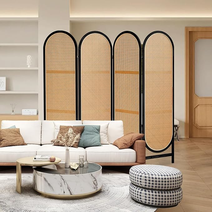 Hand-Woven Rattan Room Dividers Panel, 4 Panels Wood Room Divider and Folding Privacy Screens, Room Divider Wall Freestanding Room Partitions Screen for Home Office Bedroom, Black