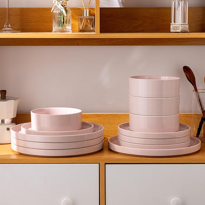 AmorArc Ceramic Dinnerware Set for 4 | Speckled Stoneware Plates and Bowls with unglazed terracotta | Scratch Resistant, Dishwasher & Microwave Safe Dishes Sets- 12-Pcs Pink
