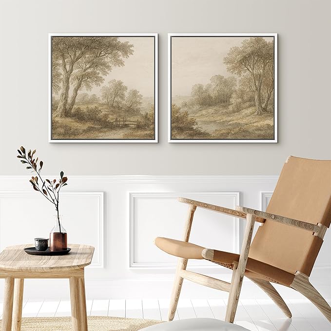 SIGNFORD Framed Canvas Print Wall Art Set Vintage Sepia Landscape Artwork, Classic Countryside Trees Illustrations Modern Art Minimal Relax/Calm for Living Room, Bedroom, Office - 16"x16"x2 WHITE