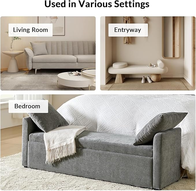 EcoHarbor Storage Ottoman Bench with Pillows, 59.4" End of Bed Bedroom Bench with Arms, Footrest Stool for Living, Dining Room, Entryway and Hallway, Charcoal