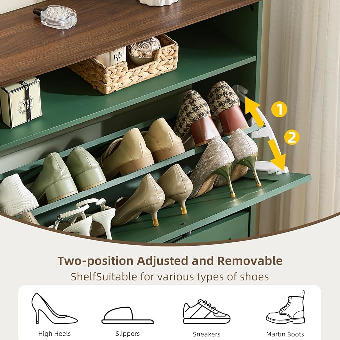 Joaxswe Shoe Cabinet Storage for Entryway with 2 Flip Drawers 2 Hook Open Storage Layer Rack Narrow Organizer Slim Hidden Wood Shoe Cabinet Furniture Dark Green