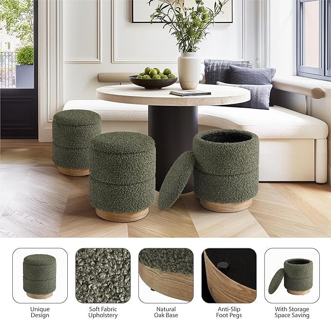 Get Set Style Round Ottoman with Storage, Modern Boucle Ottoman Upholstered Foot Stool with Wood Base, Vanity Stool Chair, Footrest Extra Seat for Living Room Bedroom Entryway (Olive Green)