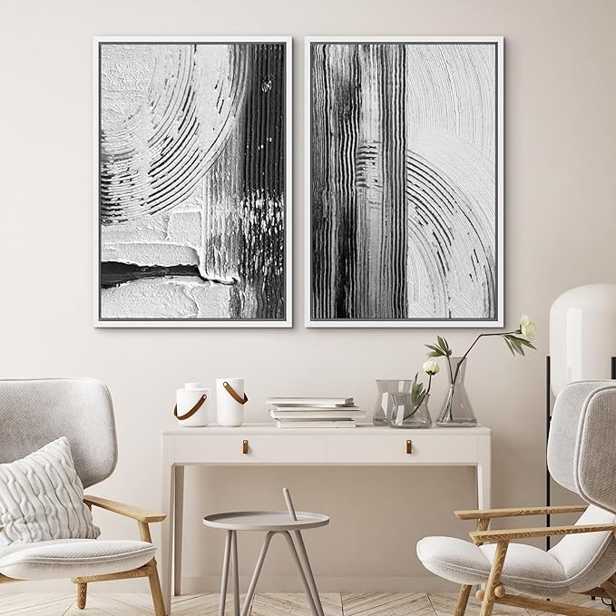 SIGNWIN Framed Canvas Print Wall Art Set Black White Industrial Paint Strokes Abstract Shapes Illustrations Modern Art Minimal Decorative Nordic for Living Room, Bedroom, Office - 16"x24"x2 White