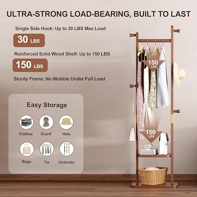Solid Wood Coat Rack Freestanding, Clothing Rack with 5 Hooks & Bottom Shelf, Heavy Duty Coat Rack Stand for Hanging Clothes, Wood Hall Tree Organizer for Entryway, Bedroom (Walnut Brown)