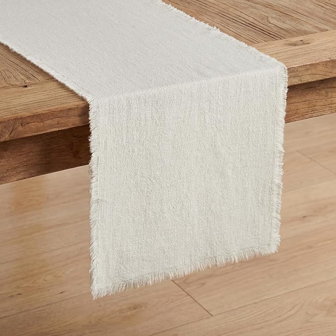KINGSTONE 14 x 108 Inches Frayed Edge Table Runner, 270G Heavyweight Sand Washed Slub Texture Cotton Linen for Modern Farmhouse, Rustic Home Decorations Dining Room Wedding Boho Decor, White