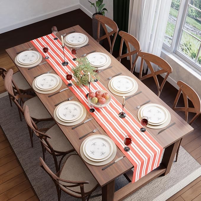 Encasa XO Cotton Dining Table Runner | Franca Orange Stripes | Size 13x120 in - Machine Washable & Durable