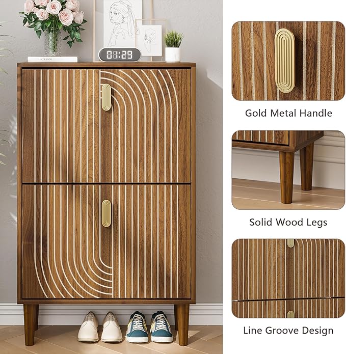 Shoe Cabinet Storage for Entryway, Narrow Slim Shoe Storage Cabinet with 2 Flip Drawers, Freestanding Shoe Rack Organizer Cabinet with Line Groove Design for Hallway, Brown
