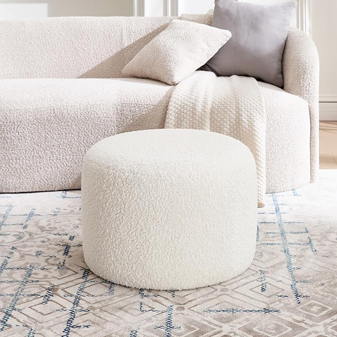 Flouki Pouf Ottoman Footrest, Foot Stools, Modern Round Upholstered Ottomans, Ottomans Pouffe, for Living Room, Bedroom, Entryway, Dorm, Selected Sherpa Fabric (White, Set of 2)