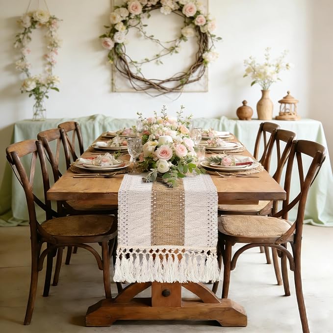 yuboo Boho Table Runner 72 inches for Dining Table , Spring Buffet Cabinet Table Runner, Long Burlap Dresser Runners for Bedroom, Kitchen, TV Stand, Farmhouse Easter Home Decor