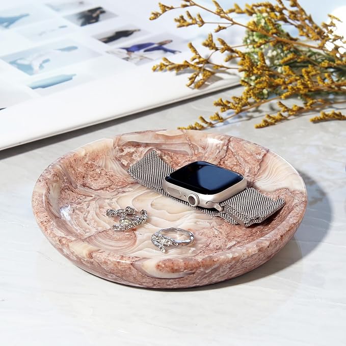 Small Natural Marble Jewelry Tray Key Plate Holder Dish Trinket Decor Catch All Bowl for Ring Earring Stone Gift for Women Daugther,Shell Pink,5.5"