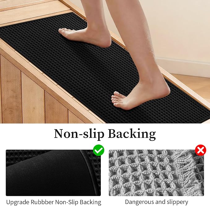 YIHOUSE Waffle Bath Mat, Ultra Soft & Absorbent Bathroom Rug, Non-Slip Rubber Backed, Quick Dry Shower Mat, Boho Farmhouse Bathroom Decor, Machine Washable, Black, 17 * 30