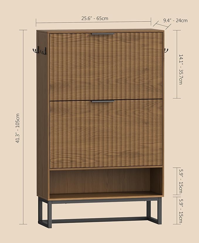 Akxomel Fluted Shoe Storage Cabinet, Narrow Hidden Shoe Rack Cabinet with Metal Legs, Narrow Shoe Organizer, 2 Flip Drawers, for Entryway, Hallway, Living Room, Walnut