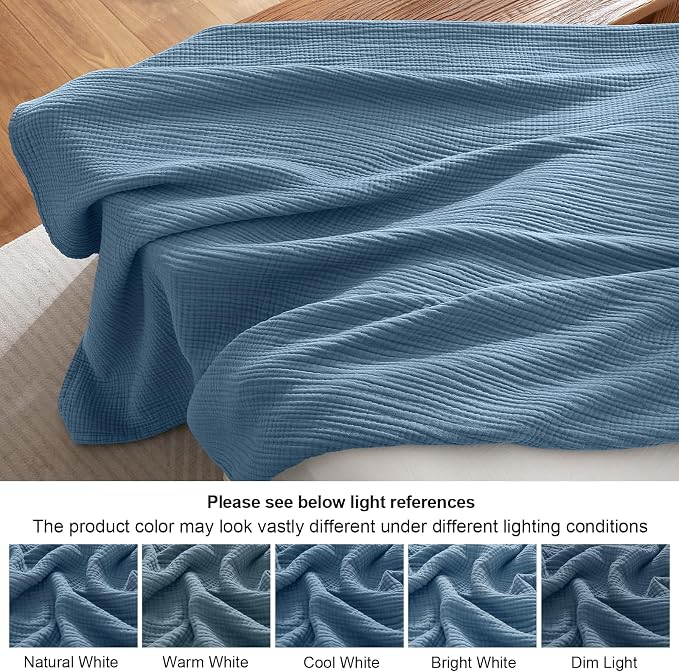 PHF 100% Cotton Muslin Blanket Twin XL Size 66"x90", 4-Layer Lightweight Gauze Throw, Breathable Cloud-Soft Minimalist Blanket for Bed, Couch, Camping & Baby, Denim Blue, Ideal Gift
