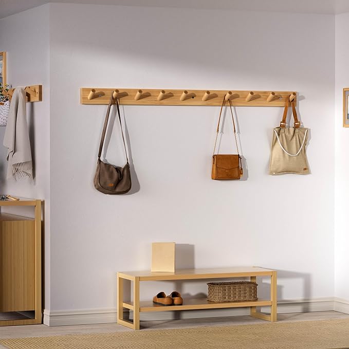 SKOLOO Wood Coat Rack Wall Mounted,10 Peg Long Bamboo Hook for Hanging Backpack Coat Towel Hat,16'' Hole to Hole,Natural
