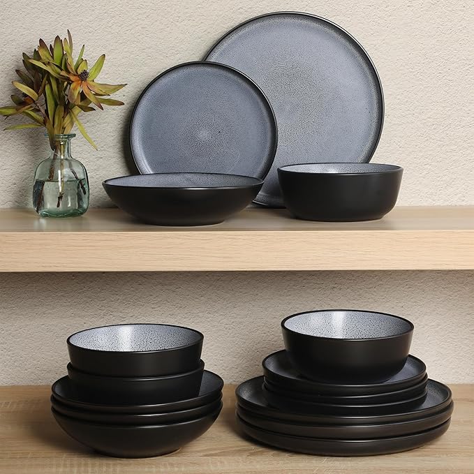 Gibson Elite Tribeca Loft 16-Piece Dinnerware Set – Matte Black and Blue Reactive Glaze Stoneware, Double Bowl Round Plates and Bowls – Modern Rustic Dinnerware for 4, Dishwasher & Microwave Safe