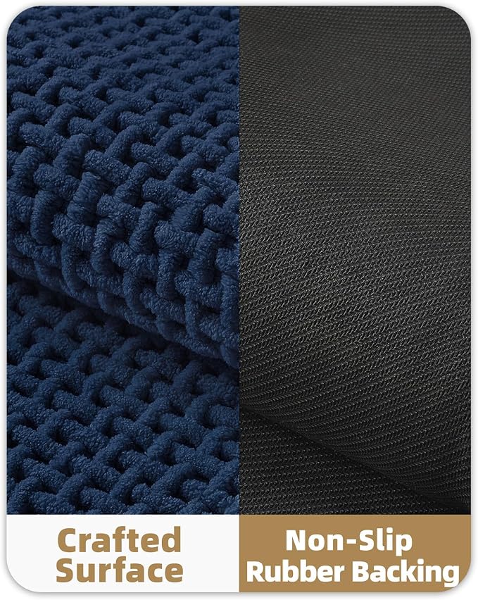 Color&Geometry Rubber Backed Waffle Bath Mat 60x24, Non Slip Water Washable Bathroom Rugs, Soft Absorbent Chenille Boho Carpet for Bathroom Floor, Tub and Shower, Dark Blue