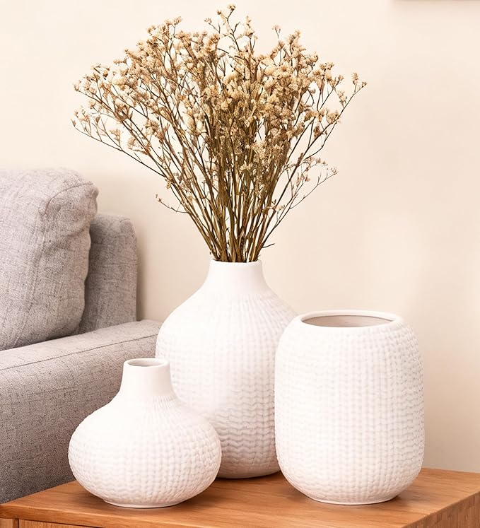 White Ceramic Vases for Decor, Weave Style Modern Minimalist Decorative Vase Set of 3 for Table Shelf, Bookshelf Decoration