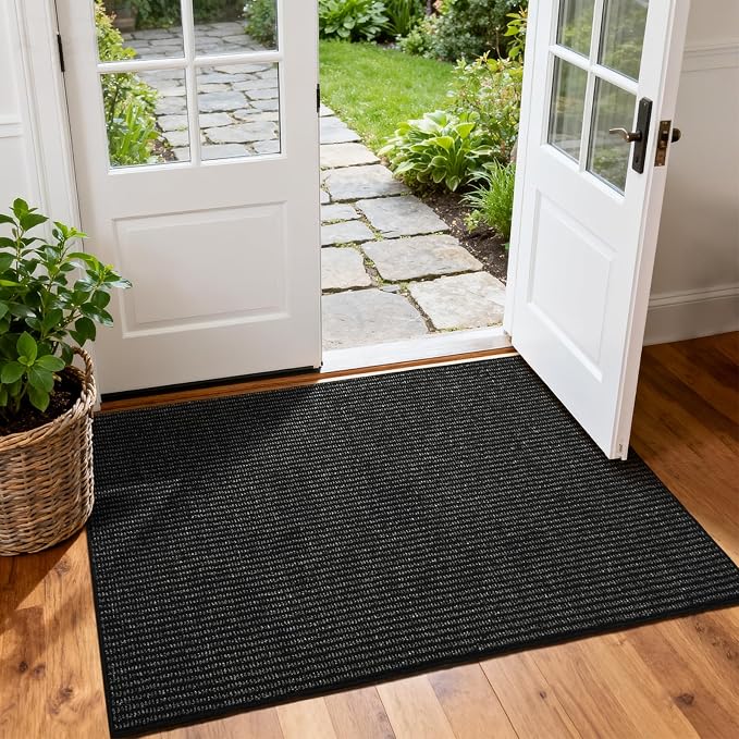Softlife Faux Jute Washable Area Rug for Front Door Entryway, 3x5 Indoor Non Slip Small Mat for Kictchen Entry Bathroom, Small Solid Boho Natural Rugs for Inside Entrance Hallway, Black