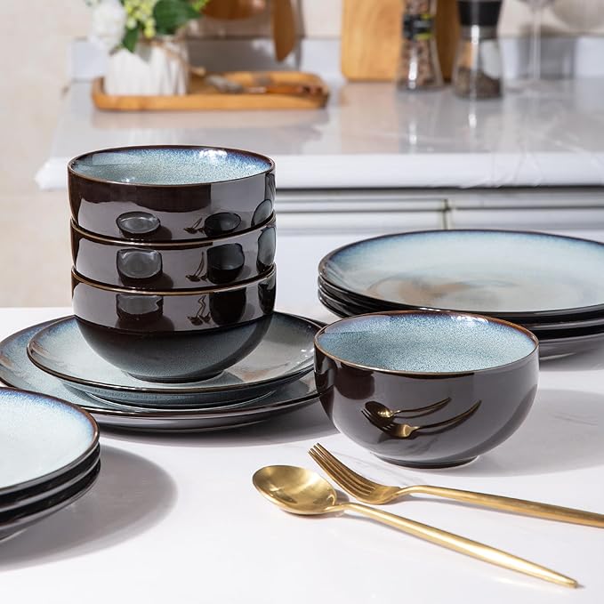 LERATIO Ceramic Dinnerware Sets for 4,Stoneware Coupe Plates and Bowls Sets,Highly Chip and Crack Resistant | Dishwasher & Microwave & Oven Safe Dishes set,Reactive Glaze Dinnerware- Service for 4