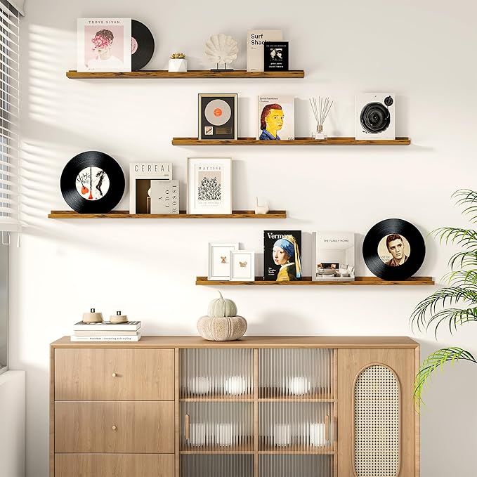 Fun Memories Floating Picture Ledge Shelves for Wall Set of 2, 55 Inches Picture Shelf with Ledge, Nursery Book Shelf for Storage Bookshelf Wall Mounted Living Room Bedroom Decor Frames, Rustic Brown