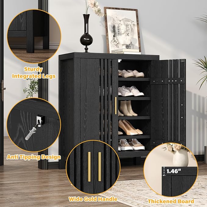 UNIQUITE Wooden Shoes Cabinet with Adjustable Shelves, Retro Freestanding Shoe Organizer Cabinet for Entryway Hallway Living Room, 5-Tier Shoe Cabinet with Doors for 20 Pairs, Black