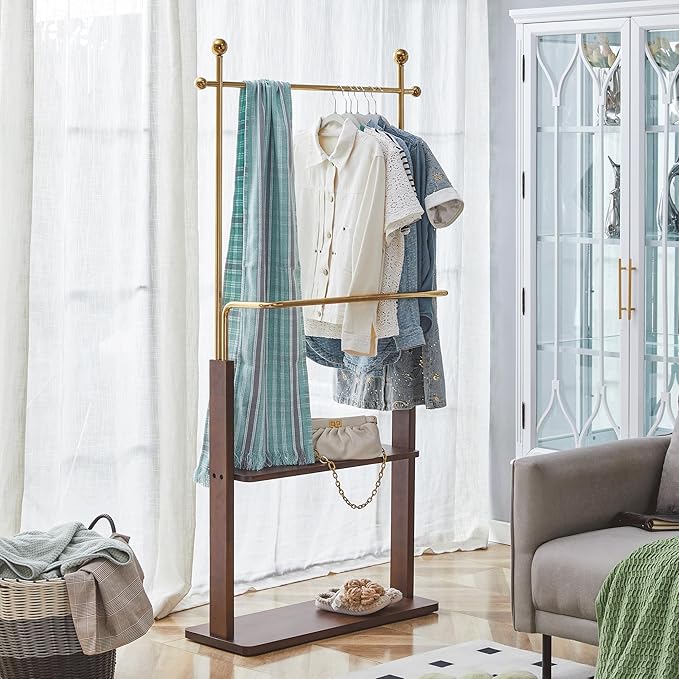 CHANCEE 68.9" Golden Stainless Steel and Walnut Solid Wood Double-Layer Coat Rack, Modern Freestanding Clothes Hanger with Storage Shelf, Multi-Functional Entryway Organizer Cabinet