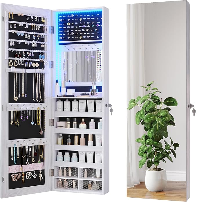 47.2" LED Jewelry Mirror Cabinet, Wall/Door Mounted Jewelry Armoire Organizer with Full Length Mirror, Large Storage Hanging Cabinet, 4 Drawers, 5 Shelves, Built-in Lighted Mirror (White)