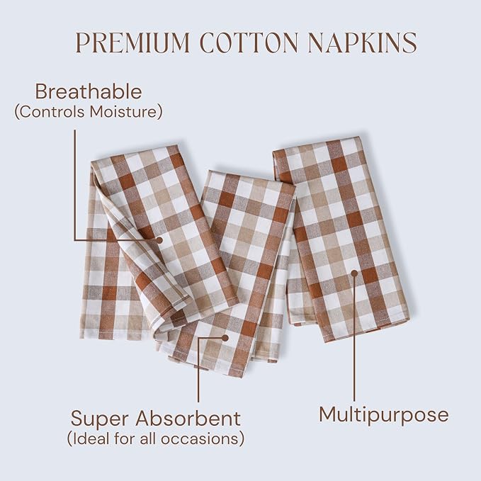 Gingham Check Napkins 4 Pack, 18x18 Inches, Reusable Table Linens, Washable Cloth Dinner Napkins for Rustic Dining, Celebrations, Stylish and Functional - Brown, White, Beige