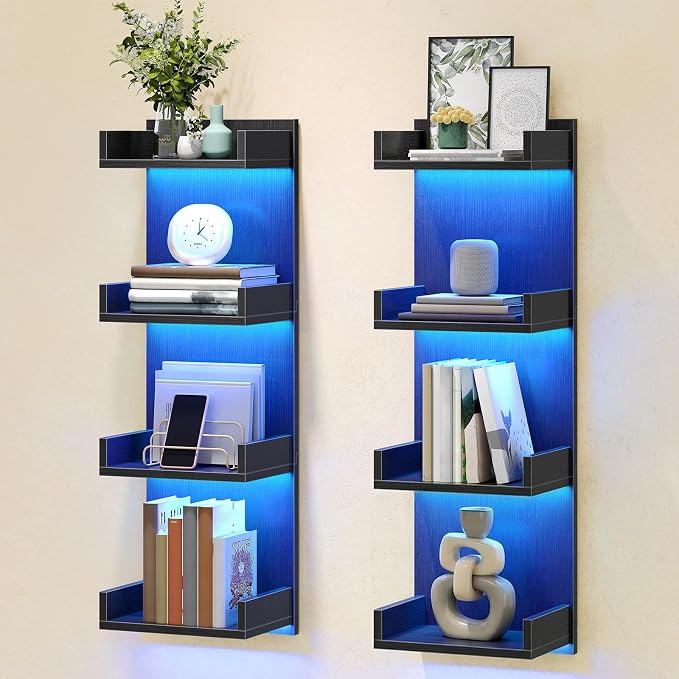 HOOBRO Floating Wall Shelves with LED Lights, Floating Shelf Wall Mounted for Storage, Vertical Display Stand, Modern Column Rack, for Bedroom, Livingroom, 4-Tier, 35.8 Inches, Black, BK41DBJ01