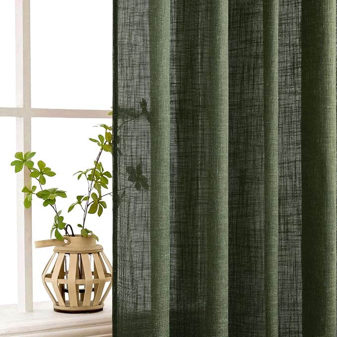 MIULEE Olive Green Linen Curtains 84 Inch Length for Bedroom Living Room, Soft Thick Linen Textured Window Drapes Semi Sheer Light Filtering Back Tab Rod Pocket Burlap Look, 2 Panels, 37x84 Inches