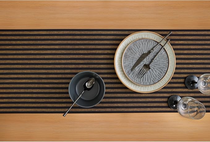 Solino Home Table Runner 144 Inches Long - Amalfi Stripe, 100% Pure Linen Brown Sugar and Black Table Runner 14 x 144 Inch for Dining