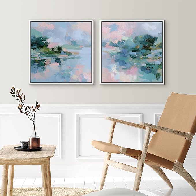 SIGNFORD Framed Canvas Print Wall Art Set Pastel Impressionist Landscape Artwork, Soft Blue Pink Illustrations Modern Art Minimal Relax/Calm for Living Room, Bedroom, Office - 16"x16"x2 WHITE