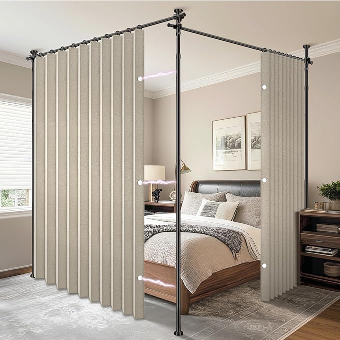 AJAZZ Room Divider Curtain (2 Panels, Cream White, W100 x L84 in)+ Curtain Rods No Drilling Adjustable Tension (H) 43-120×(W) 35-200 in, Heavy Duty Wall Divider for Apartment/Dorm
