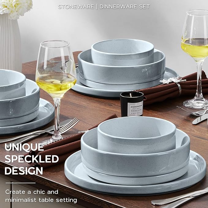 Onader Plates and Bowls Sets, 16 Pieces Stoneware Dinnerware for 4, Kitchen Dinner Dish Set with Pasta Bowl, Ceramic Dishware Dining Ware, Microwave & Dishwasher Safe - Slate Gray